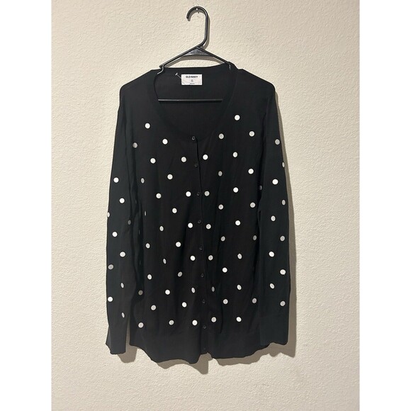 Old Navy Cardigan Women 2X Polka Dot Black White Cotton Button Front - Picture 1 of 7